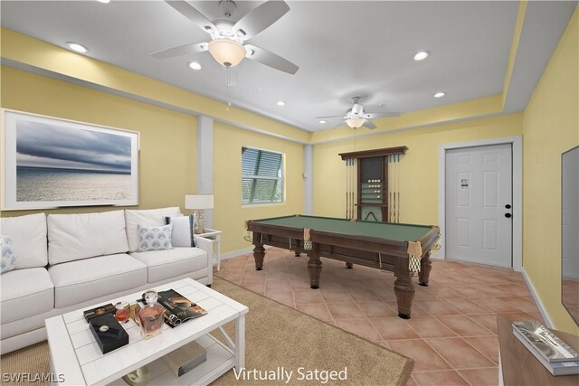 recreation room with light tile patterned floors, ceiling fan, and pool table