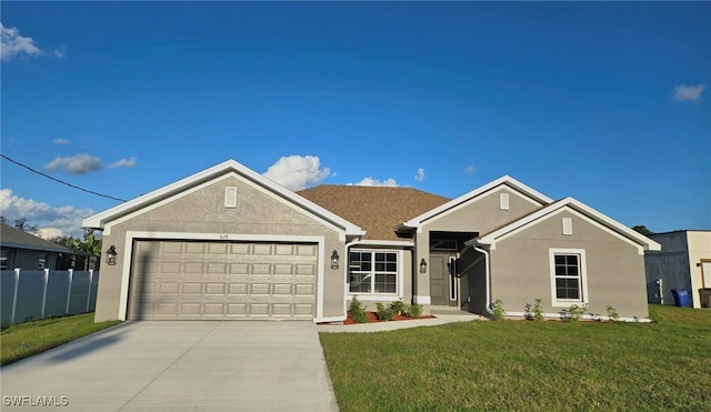 single story home with stucco siding, concrete driveway, a front yard, and fence