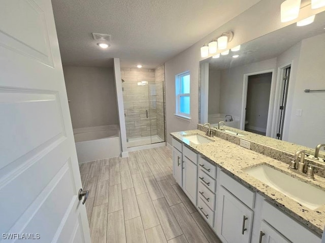 bathroom featuring a shower stall, a textured ceiling, wood finish floors, and a sink