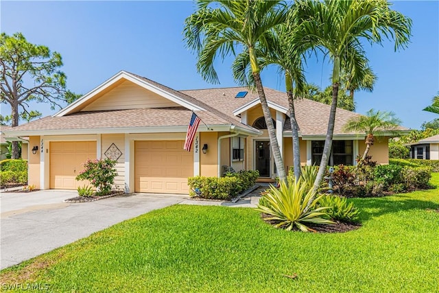 ranch-style home with a garage and a front yard