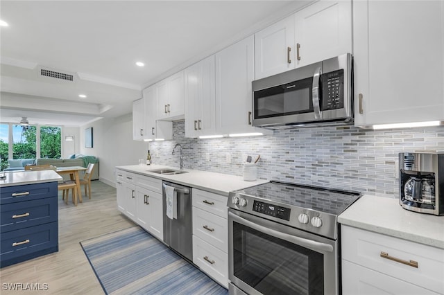 kitchen featuring light hardwood / wood-style flooring, backsplash, stainless steel appliances, sink, and white cabinets