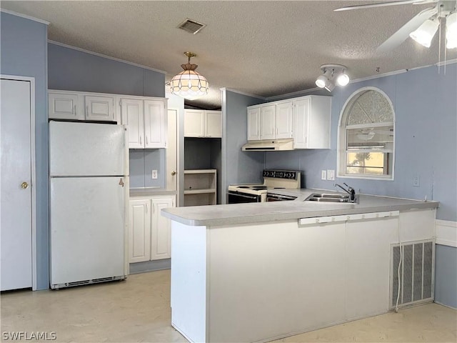 kitchen with white appliances, white cabinets, a textured ceiling, sink, and ceiling fan