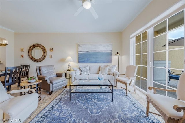 living room featuring ceiling fan