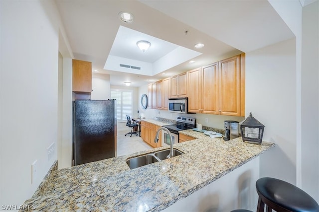 kitchen with a tray ceiling, kitchen peninsula, light stone counters, sink, and appliances with stainless steel finishes