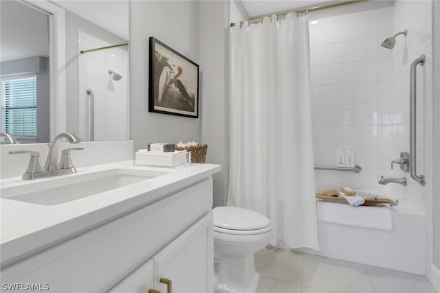 full bathroom featuring vanity, toilet, shower / bathtub combination with curtain, and tile patterned flooring