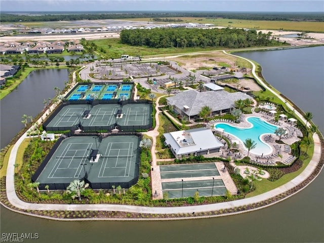 drone / aerial view with a water view