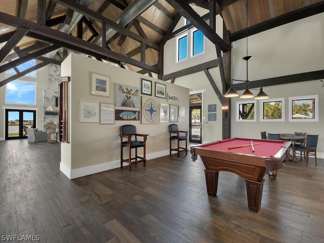 playroom with high vaulted ceiling, plenty of natural light, billiards, and beamed ceiling