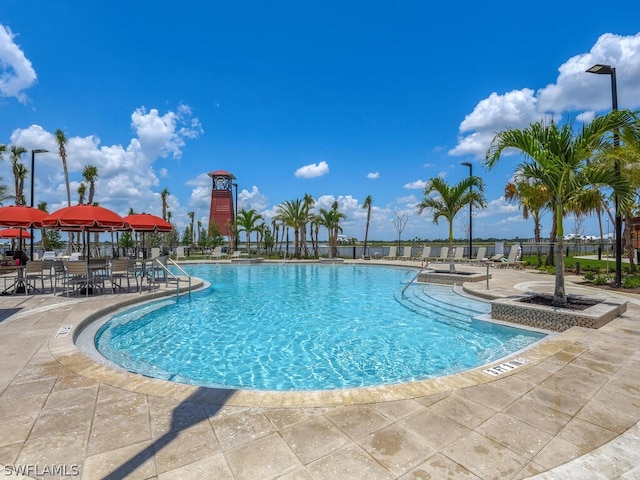 view of swimming pool featuring a patio