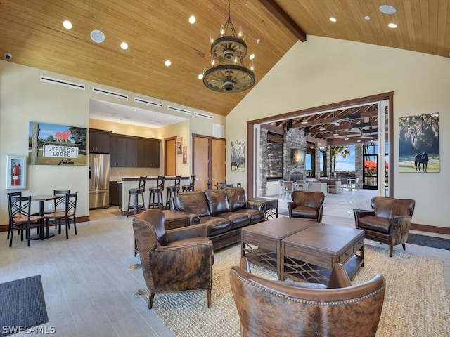 living room featuring light hardwood / wood-style flooring, a notable chandelier, beam ceiling, wood ceiling, and high vaulted ceiling