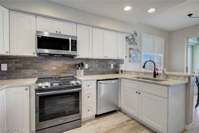 kitchen with tasteful backsplash, appliances with stainless steel finishes, white cabinetry, a sink, and a peninsula