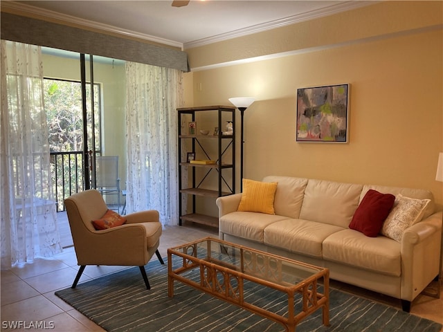 tiled living room with ornamental molding