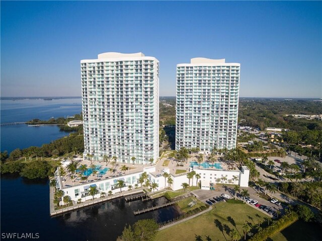 drone / aerial view featuring a water view