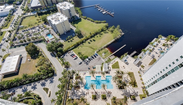 birds eye view of property featuring a water view