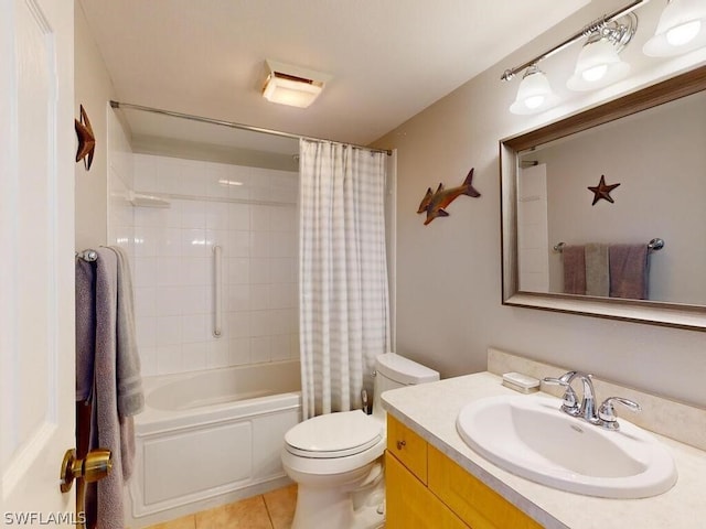 full bathroom featuring tile flooring, oversized vanity, toilet, and shower / bath combination with curtain