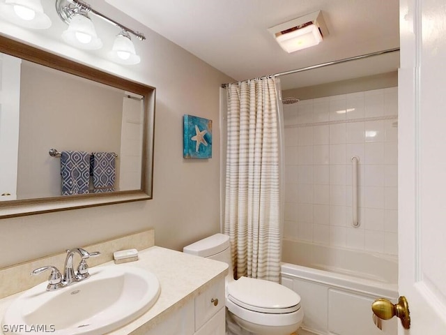 full bathroom with shower / bathtub combination with curtain, oversized vanity, and toilet