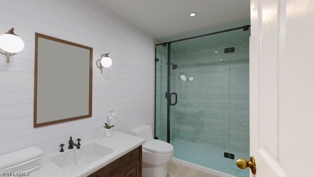 bathroom featuring walk in shower, wood walls, toilet, and vanity