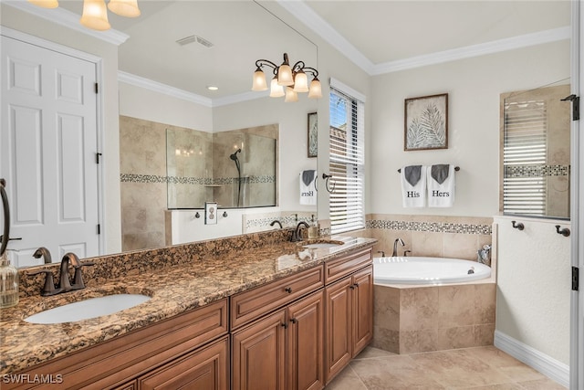 bathroom featuring vanity, separate shower and tub, crown molding, and tile patterned flooring