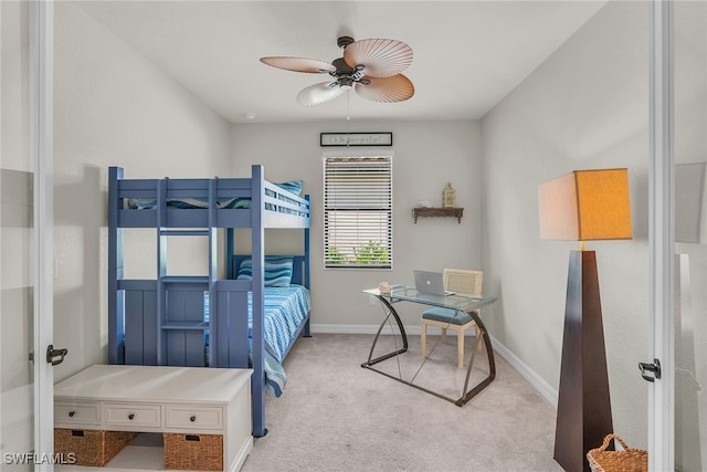 bedroom with light carpet and ceiling fan