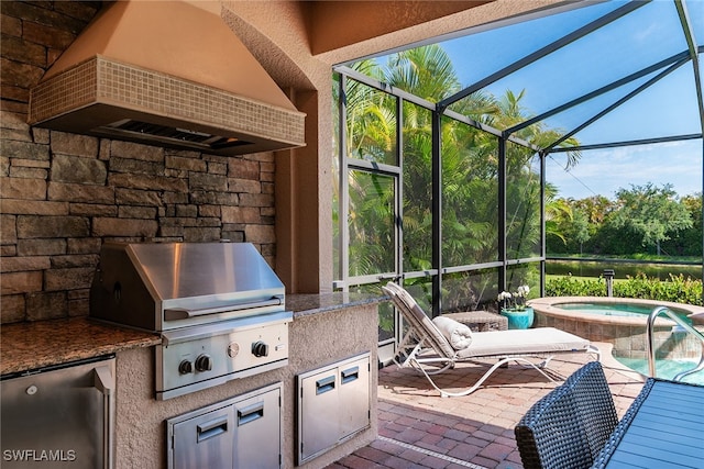 view of patio featuring an in ground hot tub, grilling area, and a lanai