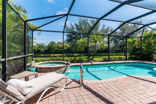 view of swimming pool with a patio, an in ground hot tub, and glass enclosure