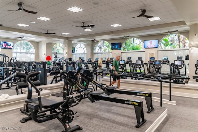 exercise room featuring a paneled ceiling, carpet flooring, and a wealth of natural light