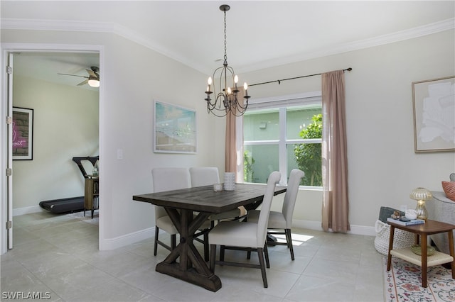 dining space featuring ceiling fan with notable chandelier, ornamental molding, and light tile patterned flooring