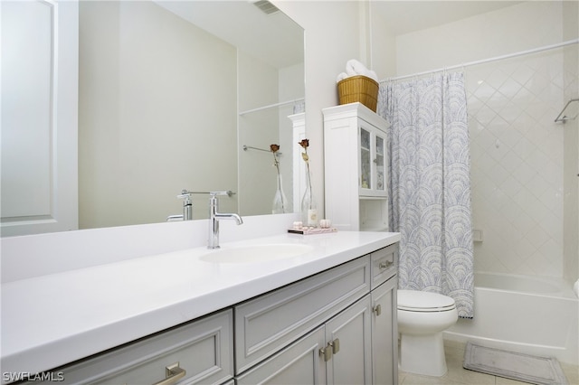 full bathroom with vanity, toilet, and shower / bathtub combination with curtain