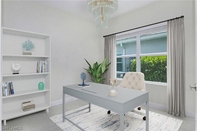 office area featuring tile patterned floors and a notable chandelier