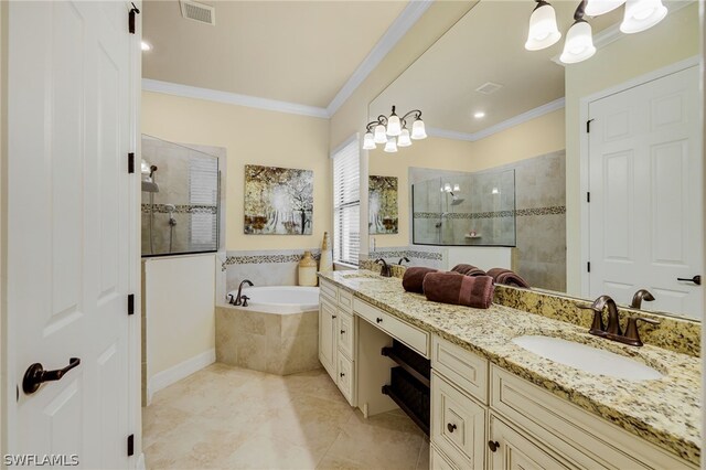 bathroom with tile patterned floors, vanity, ornamental molding, and plus walk in shower