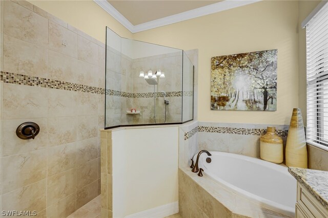 bathroom featuring separate shower and tub, crown molding, and vanity