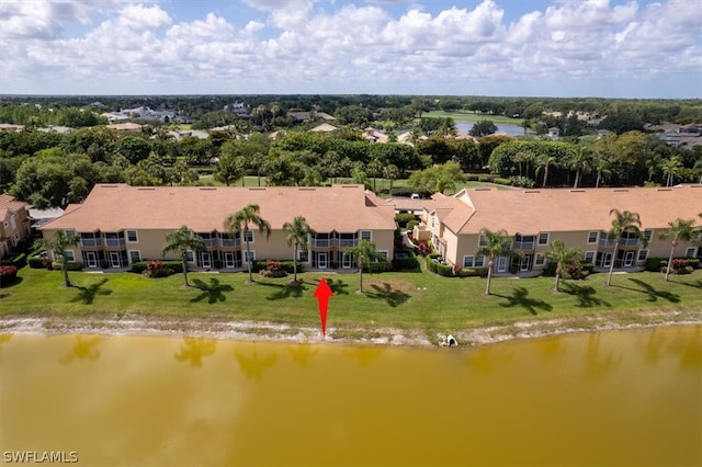 drone / aerial view featuring a water view