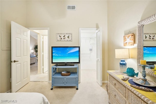 bedroom with a closet and light colored carpet