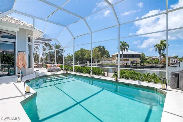 outdoor pool with a lanai, a water view, central air condition unit, and a patio