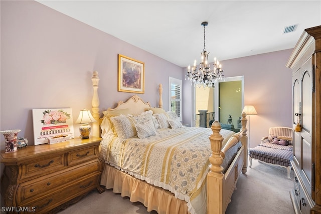 bedroom featuring dark carpet and a notable chandelier