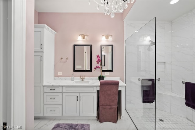 bathroom with walk in shower, oversized vanity, a notable chandelier, and tile floors