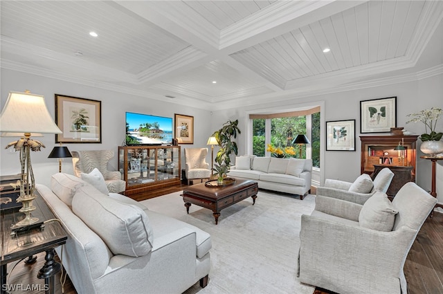 living room featuring beam ceiling, crown molding, wood-type flooring, and coffered ceiling