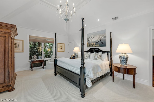 bedroom featuring carpet flooring, crown molding, and an inviting chandelier