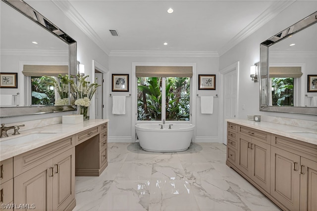 bathroom featuring vanity, a tub to relax in, and crown molding