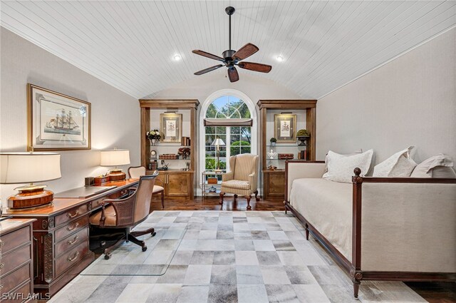 home office with light hardwood / wood-style flooring, vaulted ceiling, ceiling fan, and wooden ceiling