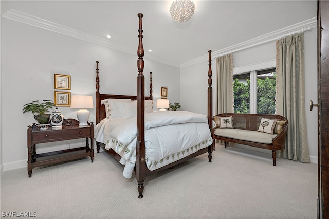 carpeted bedroom with ornamental molding