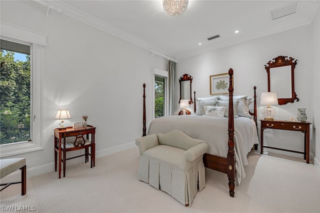 bedroom featuring light carpet, multiple windows, and crown molding