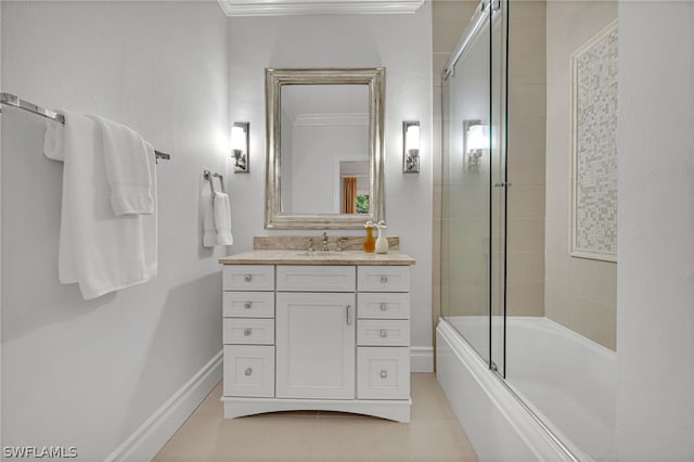 bathroom with tile patterned flooring, vanity, enclosed tub / shower combo, and crown molding