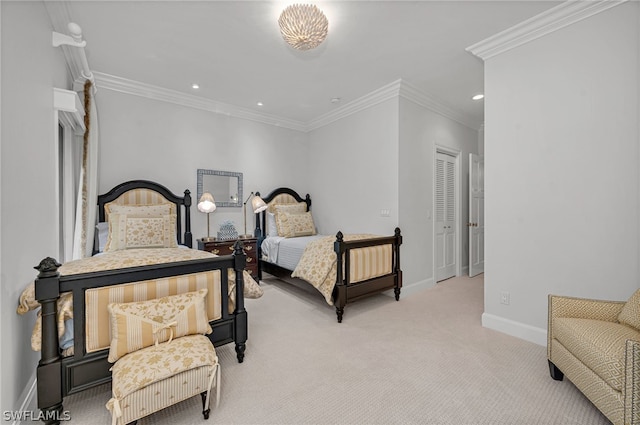 bedroom with crown molding and light colored carpet