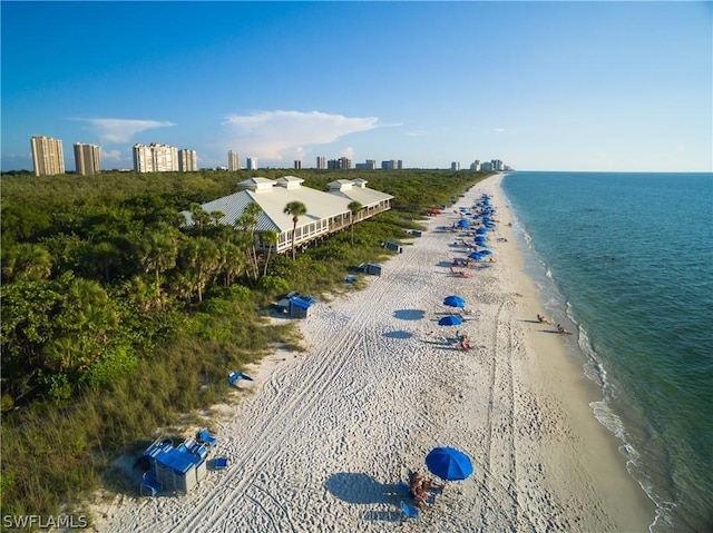 aerial view with a beach view and a water view