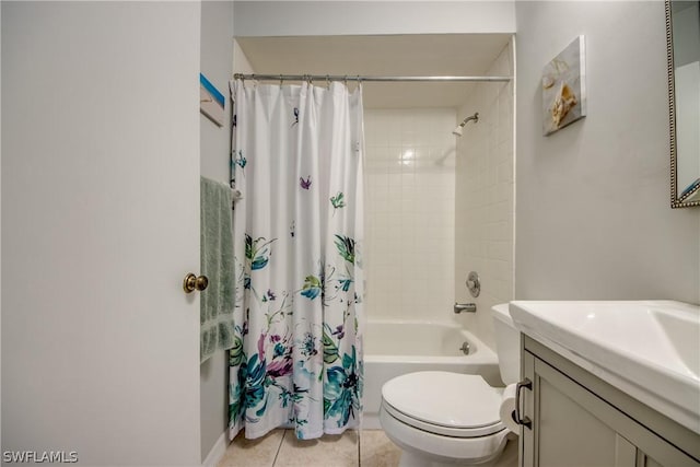 full bathroom with toilet, shower / bathtub combination with curtain, vanity, and tile patterned floors