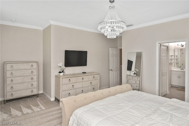 bedroom with ensuite bathroom, sink, crown molding, light colored carpet, and a chandelier