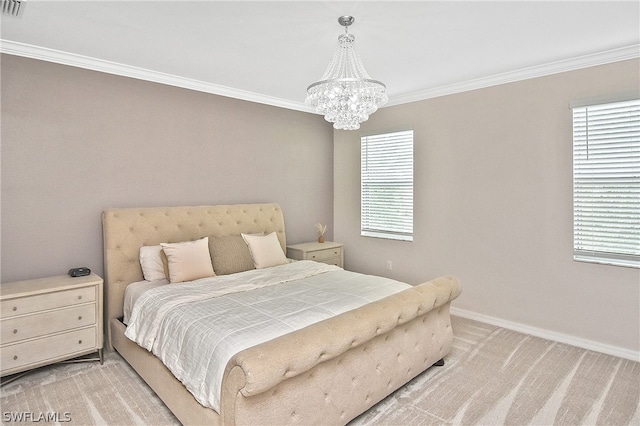bedroom with crown molding, light carpet, multiple windows, and a chandelier