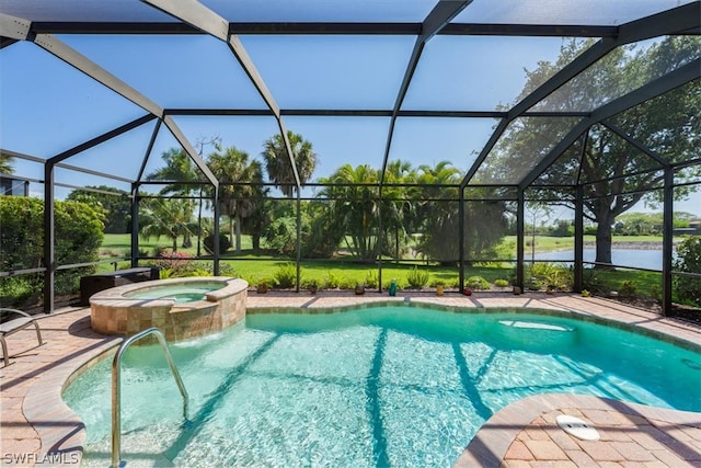 view of pool with glass enclosure and an in ground hot tub