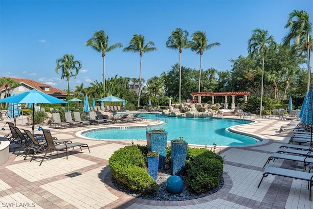 view of swimming pool with a patio