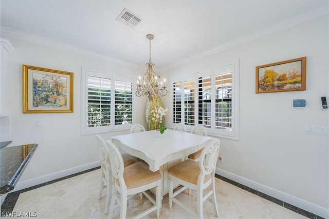 dining room with ornamental molding, light tile flooring, and an inviting chandelier